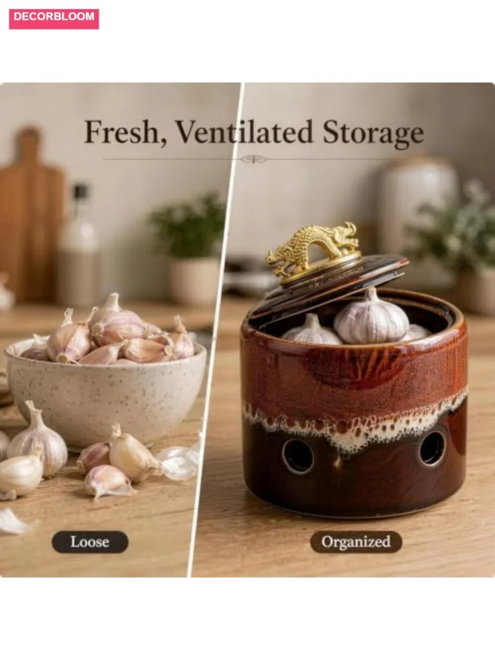 Ceramic Garlic Keeper with Lid, Breathable Kitchen Counter Storage